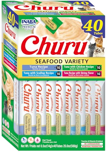 INABA Churu Cat Treats, Grain-Free, Lickable, Squeezable Creamy Purée Cat Treat/Topper with Vitamin E & Taurine, 0.5 Ounces Each, 40 Tubes, Tuna & Seafood Variety Box - Tuna & Seafood Variety - 0.5 Ounce (Pack of 40)