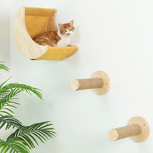 Cat Wall Shelves and Perches with Two Steps,Cat Hammock Climbing Shelf Set for Activity Indoor Cats Modern Cat Wall Furniture - Moon Hammock with scratching posts step