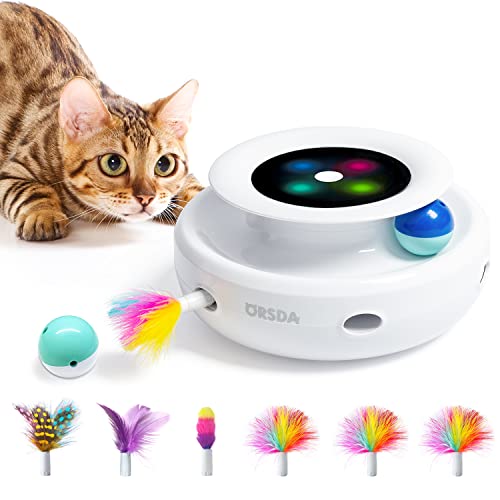 ORSDA Cat Toys 2in1 Interactive Cat Toys for Indoor Cats, Timer Auto On/Off, Cat Toy Balls & Ambush Feather Electronic Cat Toy, Cat Entertainment with 6pcs Feathers, Dual Power Supplies Cat mice Toy - Ivory White