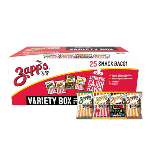Zapp’s New Orleans Kettle-Style Potato Chips Variety Pack (1.5 oz Bags, 25 Count) – Includes Voodoo, Hotter N' Hot Jalapeno, Spciy Cajun Crawtators, Regular Perfect On-The-Go, Gluten Free Snack - Regular / Voodoo / Spicy Cajun Crawtator / Hotter ‘N Hot Jalapeno Chip - 37.5 Ounce (Pack of 1)