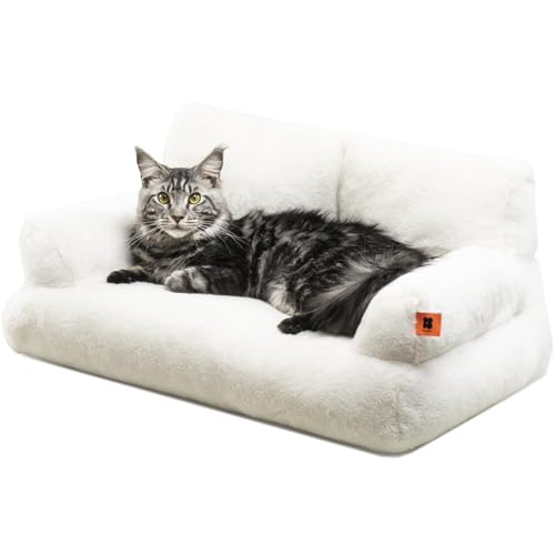 Pet Couch Bed, Washable Cat Beds for Medium Small Dogs & Cats up to 25 lbs, Durable Dog Beds with Non-Slip Bottom, Fluffy Cat Couch, 26×19×13 Inch - White
