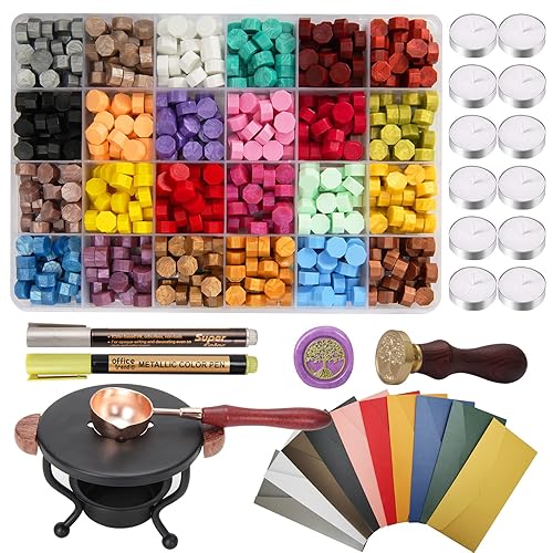 Wax Seal Stamp Kit, YIPLED 24 Colors 748 Pcs Sealing Wax Beads with Wax Seal Stamp, Tea Candles, Stamp Warmer, Melting Spoon, Envelopes and Metallic Pens, Wax Seal Kit for Birthday & Gift Decoration - 748P-A