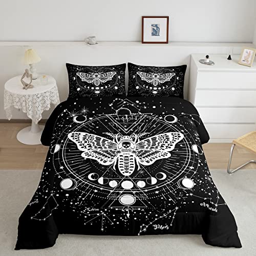Boho Moth Comforter Set Queen Boys Gothic Skull Bedding Set for Men Women Bedroom Decor Bohemian Moon Starry Sky Comforter Exotic Moth Skull Skeleton Bones Duvet Set Teens Quilt Set, Black White - Multi 37 - Queen