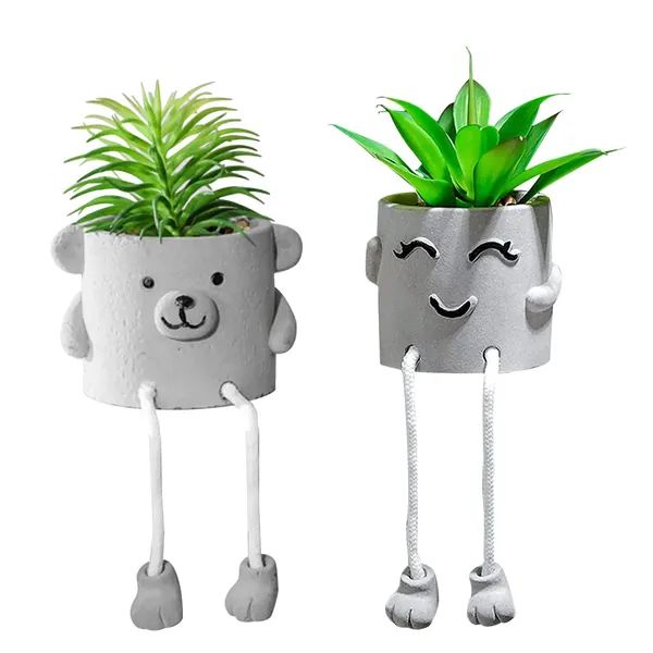 zerzsy Faux Succulents in Cement Pots with Hanging Leg, Potted Mini Fake Plants for Desk Decor - Set of 2 - 2 Pcs Set