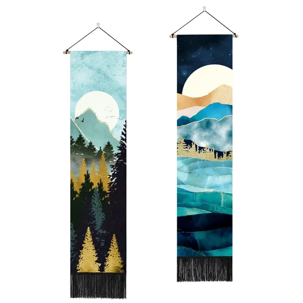 AWAYTR Long Mountain Tapestry Wall Hanging - 2PCS Forest Tree Sunset Starry Night Sky Nature Landscape Tapestries for Bedroom (Forest) - Forest