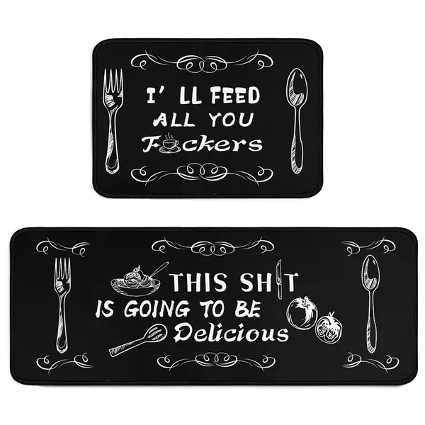 Black Kitchen Rugs and Mats Sets of 2, Funny Kitchen Decoration Rubber Backing Non-Slip Absorbent Mats for Sink Waterproof Runner Rug for Laundry Room 17.7x23.6+17.7x47.2inch