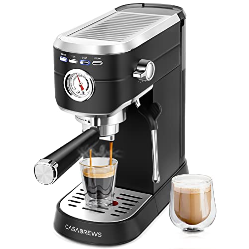 CASABREWS Espresso Machine 20 Bar, Stainless Steel Espresso Maker with Milk Frother Steam Wand, Compact Cappuccino Machine for Home, Espresso Coffee Machine with Removable Water Tank, Black - Deep Black - Button