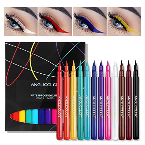 Anglicolor 12 Colours Coloured Eyeliner, Matte Liquid Eyeliner Set, Long Lasting Waterproof Neon Eyeliner Pen, Highly Pigmented Smudge-proof Colourful Eye Liners for Wedding Party (12 Colors) - 12 Colors