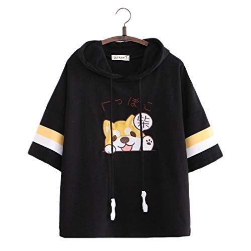 Women’s Kawaii T-Shirts Cute Puppy Embroidered Jumper Hooded Pullover Top Tees Short Sleeve T-Shirt Blouse - Black