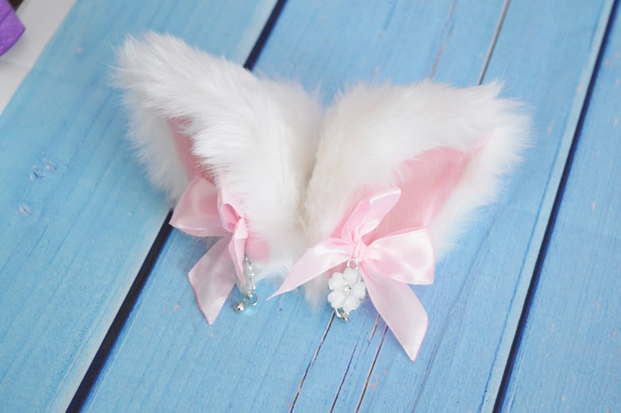 Made to order - Kitten play clip on cat ears with bows and paw - neko lolita cosplay costume - kitten play gear accessories white and pink