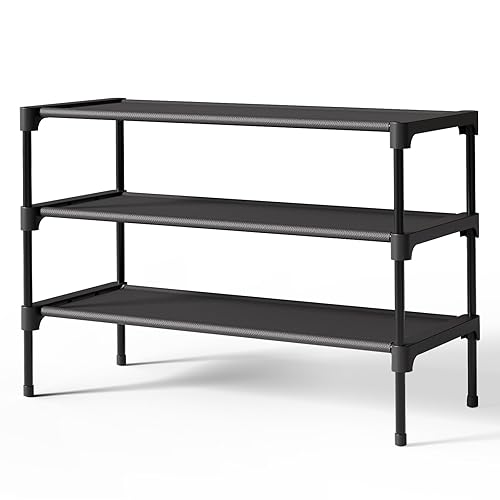 Kitsure Shoe Rack - Premium Non-Woven Shoe Rack Shelf, Shoe Organizer for Closet, Entryway, Garage & Corridor, Sturdy & Durable Long Stackable Shoe Shelves, Medium, Black - Black - Medium