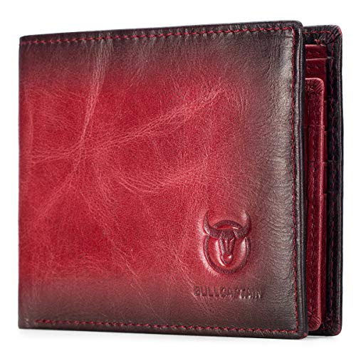 BULLCAPTAIN Wallets for Men with Double ID Window Slim Bifold Vintage Genuine Leather Front Pocket Wallet QB-05#3 - Red