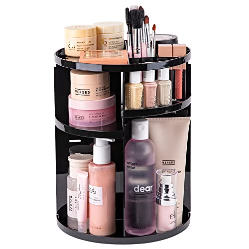 360 Rotating Makeup Organizer - Adjustable Shelf Height and Fully Rotatable. The Perfect Cosmetic Organizer for Bedroom Dresser or Vanity Countertop. (Black) - Black