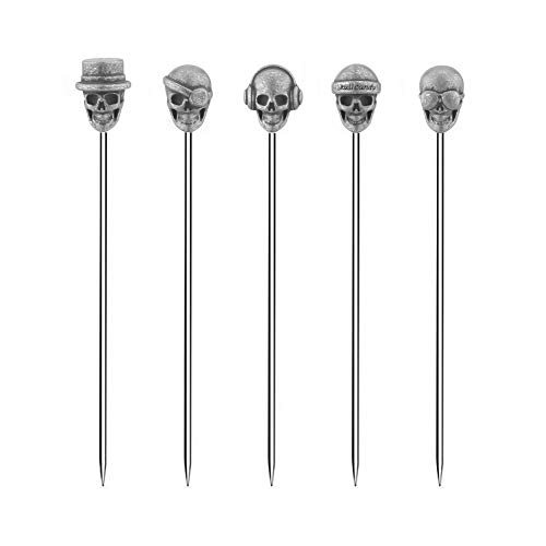 BAMI-LEE House 5 Piece Cocktail Picks Stainless Steel Skull Tops Martini Picks Reusable Olive Picks (Antique silver) - Antique Silver