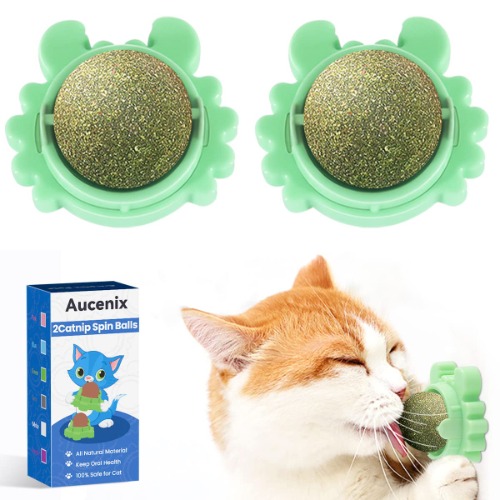 Aucenix 2 Pcs Catnip Balls Toy for Cat, Wall Catnip Roller for Cat Licking, Teeth Cleaning Dental Edible Kitten Toy, Natural Rotating Cat Toy