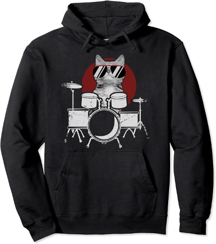 Punk Rockstar Kitten Kitty Cat Playing Drums I Drumming Cat Pullover Hoodie