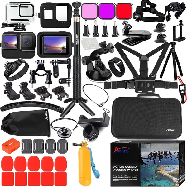 Husiway Accessories Kit for Gopro Hero 11 10 9 Black Waterproof Housing Silicone Case Glass Screen Protector Bundle Compatible with Gopro11 Gopro10 Gopro9 Hero10 Hero11 Hero9 Action Camera 62E - Kit for Gopro 11/10/9 Black