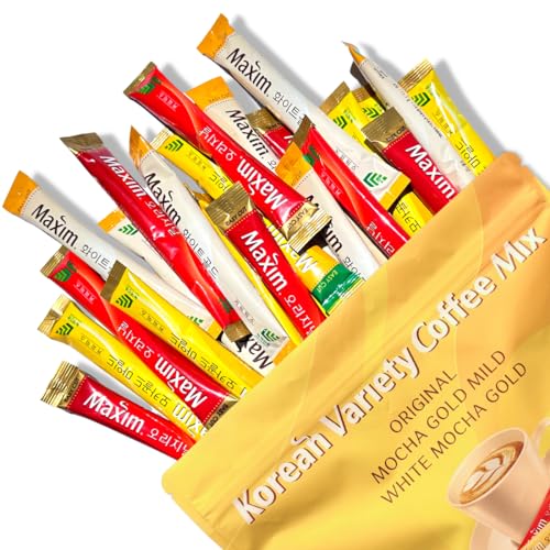 Korean Instant Coffee Maxim Mix Variety Pack of 3 Flavors -3 in 1 Coffee Mix, Maxim Mocha Gold, Mild Original, White Mocha, 10 Packets of each flavor, 30 Single Serve Sticks - Maxim Mix 30 Pack