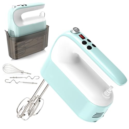 Yomelo 9-Speed Digital Hand Mixer Electric, 400W Powerful DC Motor, Baking Mixer Handheld with Snap-On Storage Case, 5 Stainless Steel Accessories, Flat Beaters, Dough Hooks, Whisk (Ice Blue & White) - Ice Blue+White