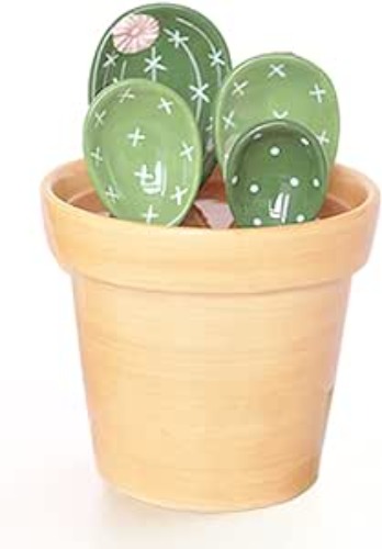 Ceramic Cactus Measuring Spoons set in pot organizer, 5 Pieces cute measuring cups and spoons set for kitchen dry wet measuring Liquid food salt and sugar kawaii Small Cacti Spoon with base cup - Green