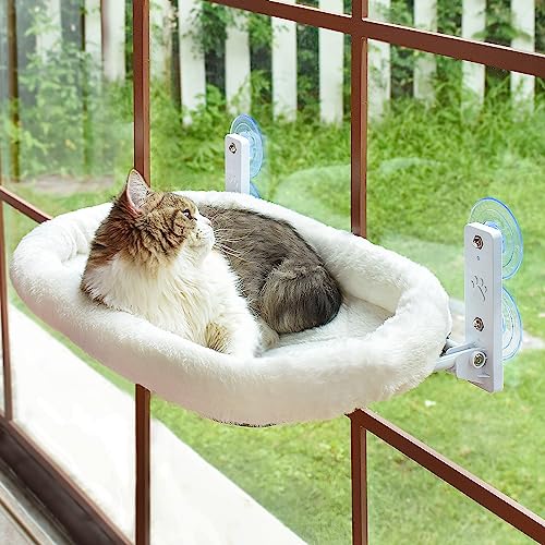 AMOSIJOY Cordless Cat Window Perch, Cat Hammock for Window with 4 Strong Suction Cups, Solid Metal Frame and Soft Cover, Cat Beds for Indoor Cats - White Cushion Bed Cover - Large
