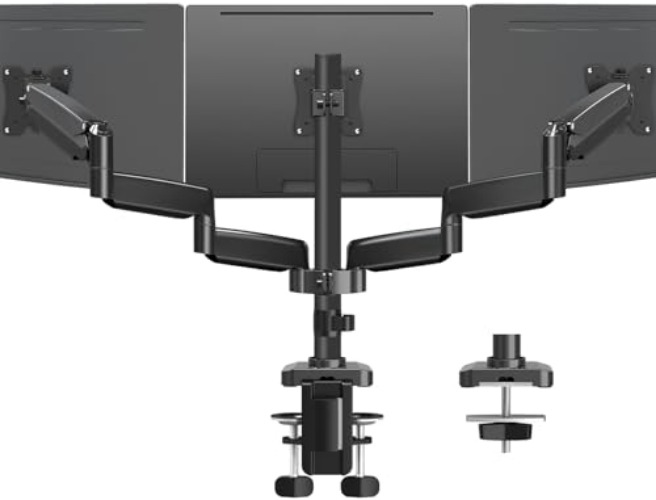 MOUNTUP Triple Monitor Mount, 3 Monitor Stand Desk Arm for Max 32 Inch Computer Screens, Max Extension 64.5" Gas Spring Triple Monitor Holder Support 2.2-17.6lbs, VESA Bracket with Clamp/Grommet Base - 32 Inch - Black