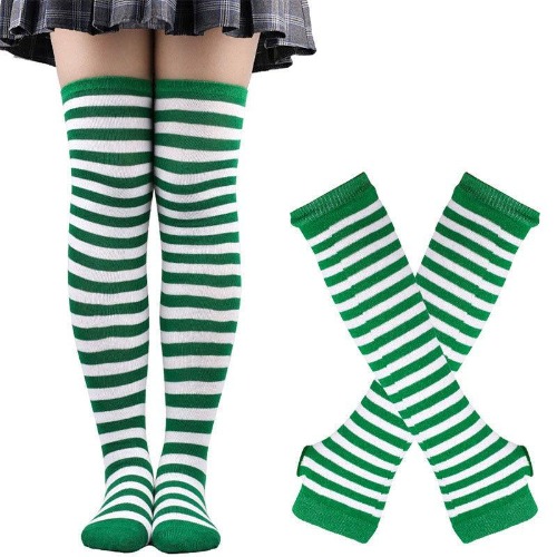 Matching Striped Arm Warmer and Thigh High Stocking Collection - Green & White