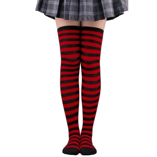 Thin Striped Thigh High Socks - Red & Black
