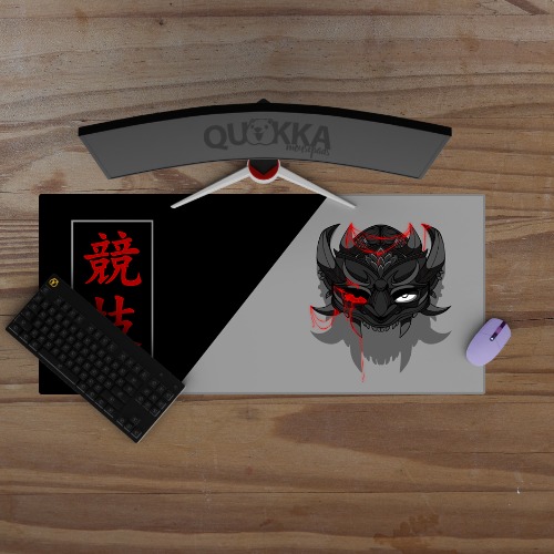 Japanese Oni Demon Mask "Game" Design Mousepad Deskmat - 22x18cm / 2mm / Black Stitched