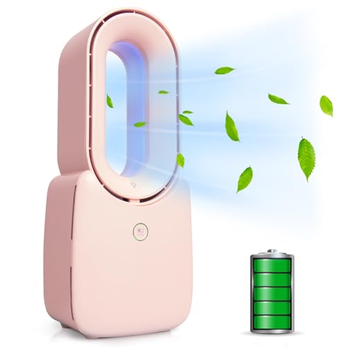 CONBOLA Small Tower Fan, 11.8 Inch Personal Portable Fan Rechargeable, USB Quiet Bladeless Desk Fan with 3 Speeds, Battery Operated Fan with Decorative LED for Office Bedroom Outdoor Table Home(Pink) - Pink