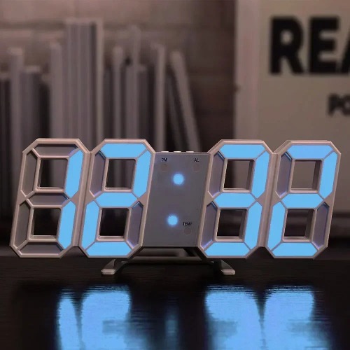 3D Digital Light Up Alarm Clock Wall Decor - White and blue