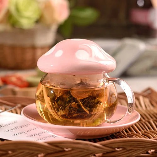 Cute Mushroom Ceramic Glass 290ml Tea Mug with Saucer Gift Set - Pink Set / As shown in the figu