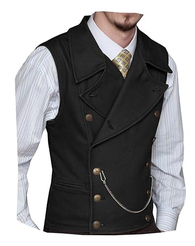 Ceehuteey Mens Suit Suede Double Breasted Vest Classic Groomsmen Wedding Waistcoat Leather Big Lapel - 3X-Large - Black