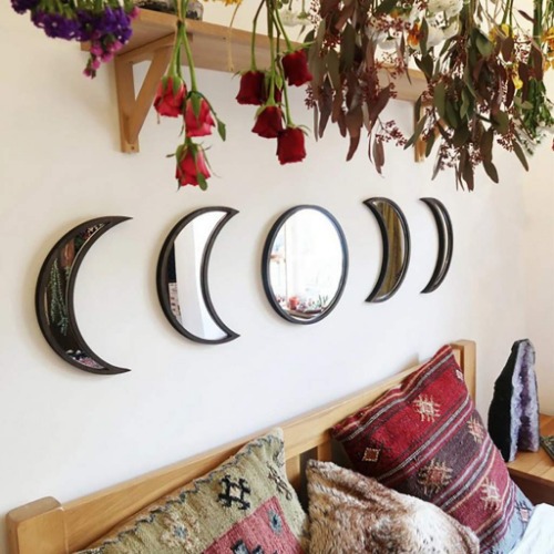 Keweis 5 Pieces Scandinavian Natural Decor Acrylic Wall Decorative Mirror Interior Design Wooden Moon Phase Mirror Bohemian Wall Decoration for Home Living Room Bedroom Decor - Not Real Mirror(Black) - Black