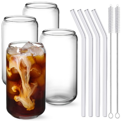 Drinking Glasses with Glass Straw 4pcs Set - 16oz Can Shaped Glass Cups, Beer Glasses, Iced Coffee Glasses, Cute Tumbler Cup, Ideal for Whiskey, Soda, Tea, Water, Gift - 2 Cleaning Brushes - 