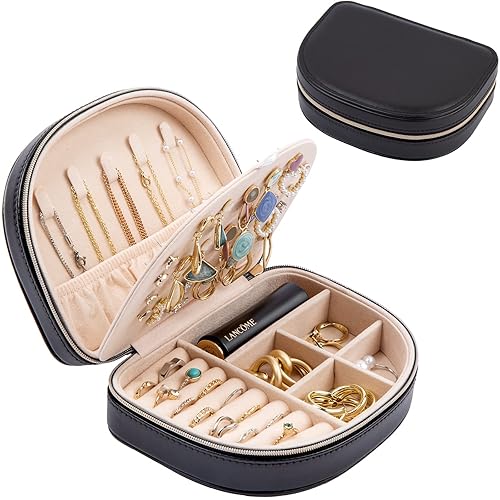 ProCase Travel Size Jewelry Box, Small Portable Seashell-Shaped Jewelry Case, 2 Layer Mini Jewelry Organizer in PU Leather for Women -Black - Small - Black