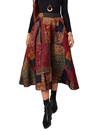 WDIRARA Women's Patchwork Skirt High Waisted A Line Flowy Boho Vintage Midi Skirt - Medium - Multicolor