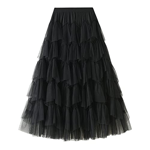 Dirholl Women's A-Line Fairy Elastic Waist Tulle Midi Skirt - Tutu Black B