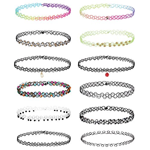 BodyJ4You 12PC Tattoo Choker Necklace Set - 90s Accessories Women Teen Girls Kids - Flower Charms Rainbow Multicolor Stretchy Jewelry - Summer Style Gift Idea - Multicolor Mix