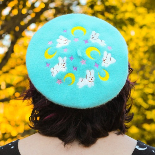 Moon Bunnies Embroidered Beret! - Add combs / Conversation Hearts