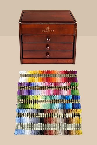 DMC Petite Decorative Wooden Chest With 120 Skeins of Embroidery Thread Essentials Assortment Pack