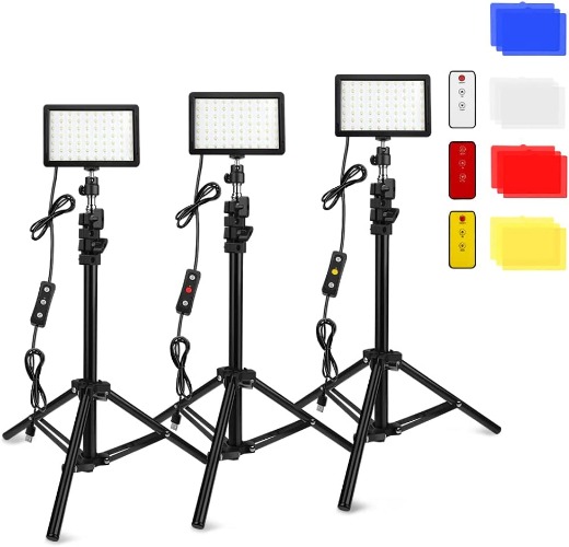 3 Packs 70 LED Video Light with Adjustable Tripod Stand / Color Filters, Obeamiu 5600K USB Studio Lighting Kit for Tablet / Low Angle Shooting, Collection Portrait YouTube Photography, Remote Control - Light with Remote Control