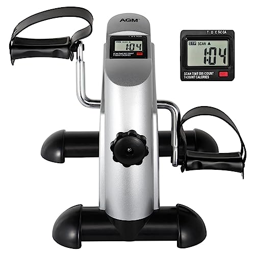 Mini Exercise Bike, AGM Under Desk Bike Pedal Exerciser Foot Cycle Arm & Leg Pedal Exerciser with LCD Screen Displays - 2-Silver