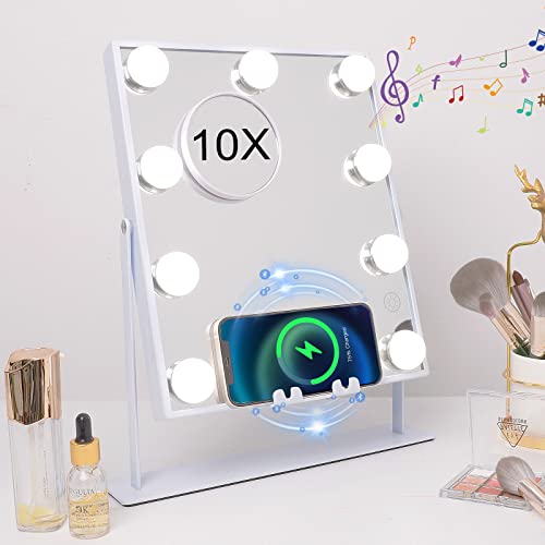 Hansong Lighted Vanity Mirror with Music Speaker and Wireless Charging Makeup Mirror with Lights 9 Dimmable Bulbs Lighted Makeup Mirror 3 Color Lighting Tabletop (White) - A-white-upgraded Speaker-9 Bulbs