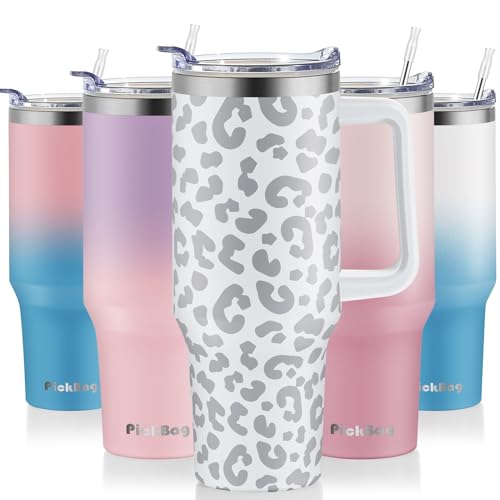 40 oz Tumbler with Handle and Straw, 100% Leak Proof Tumblers Cup, Stainless Steel Insulated Travel Coffee Mug, Keeps Drinks Cold for 24 Hours or Hot for 10 Hours, Fit for Car Cup Holder, GreyWhite - A06-GreyWhite Leopard - 40 oz