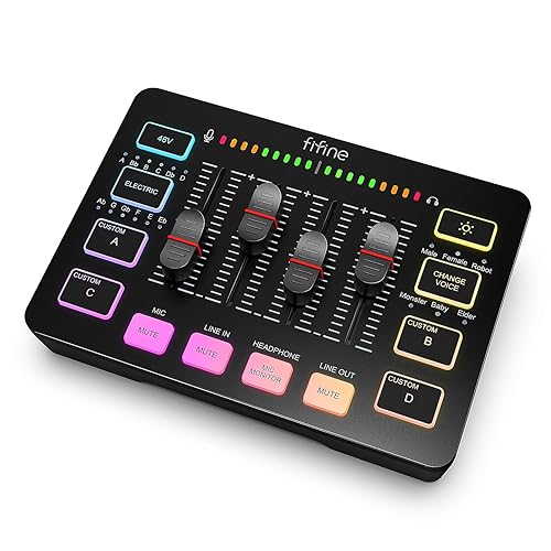 FIFINE Gaming Audio Mixer, Streaming RGB PC Mixer with XLR Microphone Interface, Individual Control, Volume Fader, Mute Button, 48V Phantom Power, for Podcast/Recording/Vocal/Game Voice-AmpliGame SC3 - Black