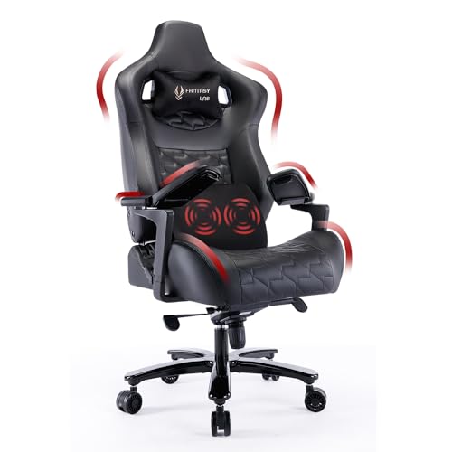 Fantasylab Gaming Stuhl 200kg Belastbarkeit Gaming Stuhl Massage Gaming Stuhl Verstellbare Armlehne Gamer Stuhl Gaming Sessel Ergonomischer Bürostuhl 200kg Gaming Chair Schreibtischstuhl, Schwarz - Schwarz