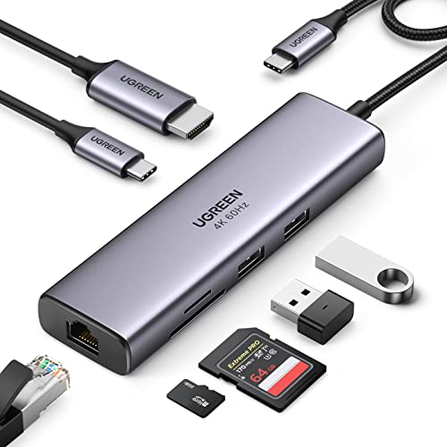 UGREEN Revodok USB C Hub 7 in 1 USB C Adapter 4K 60Hz HDMI, Ethernet, PD 100W, SD & TF, 2*USB A 5Gbps Ports, USB C Docking Station kompatibel mit iPhone 15, MacBook, iPad Pro, Surface, Galaxy S24/S23 - 2USB-A Ports