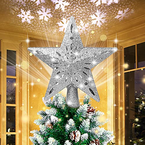 BLOOMWIN Christmas Tree Topper Lighted with Snowflake Projector, LED Rotating Hollow Snowflake, 3D Glitter Lighted Silver Snow Tree Topper for Xmas Tree Festival Decorations Lights - Silver