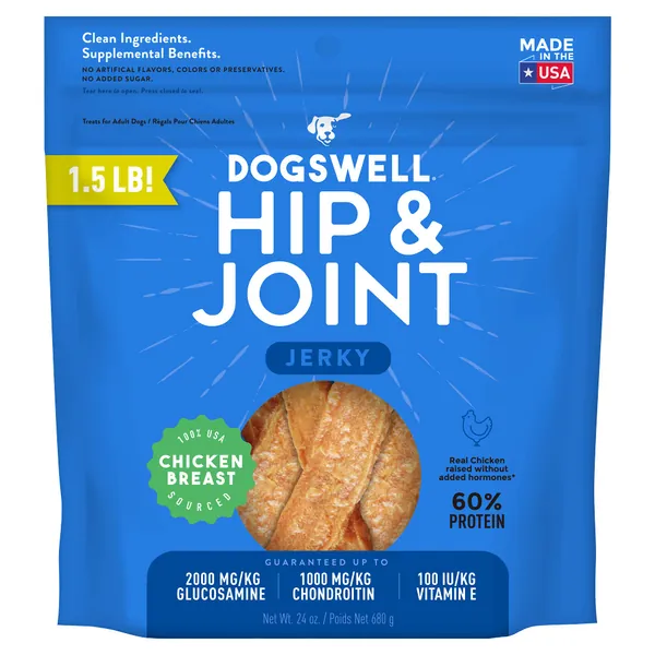 Dogswell Jerky Dog Treats, Made in USA Only with Glucosamine, Chondroitin & New Zealand Green Mussel for Happy Hips